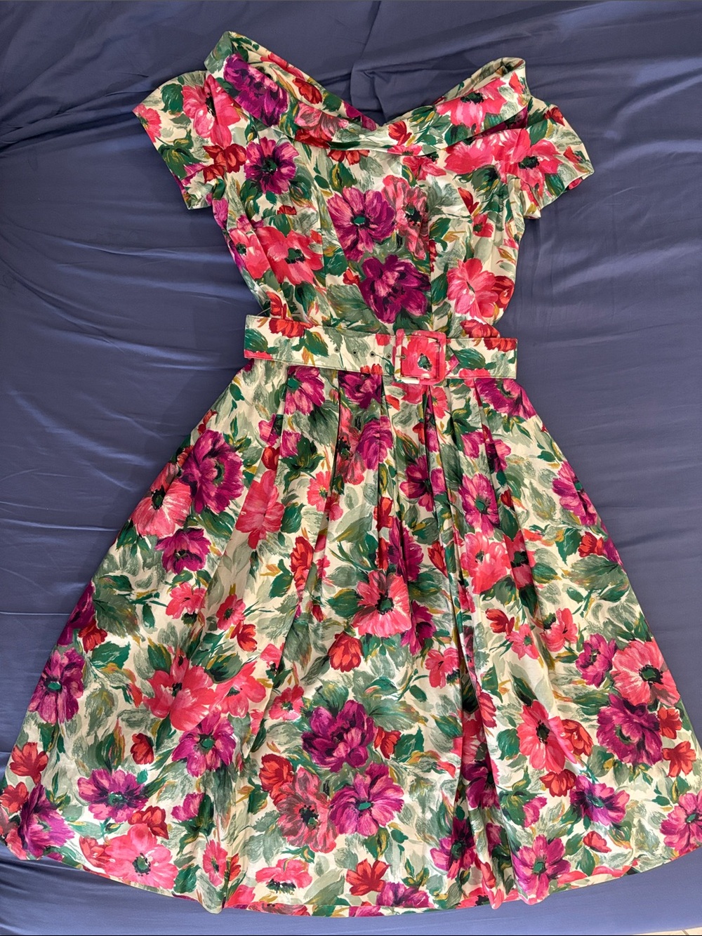Floral Belted Midi Dress in Pink & Green